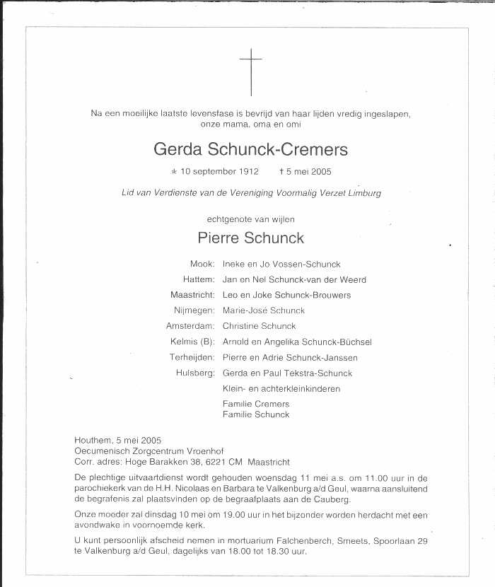 Rouwbrief Gerda Schunck-Cremers